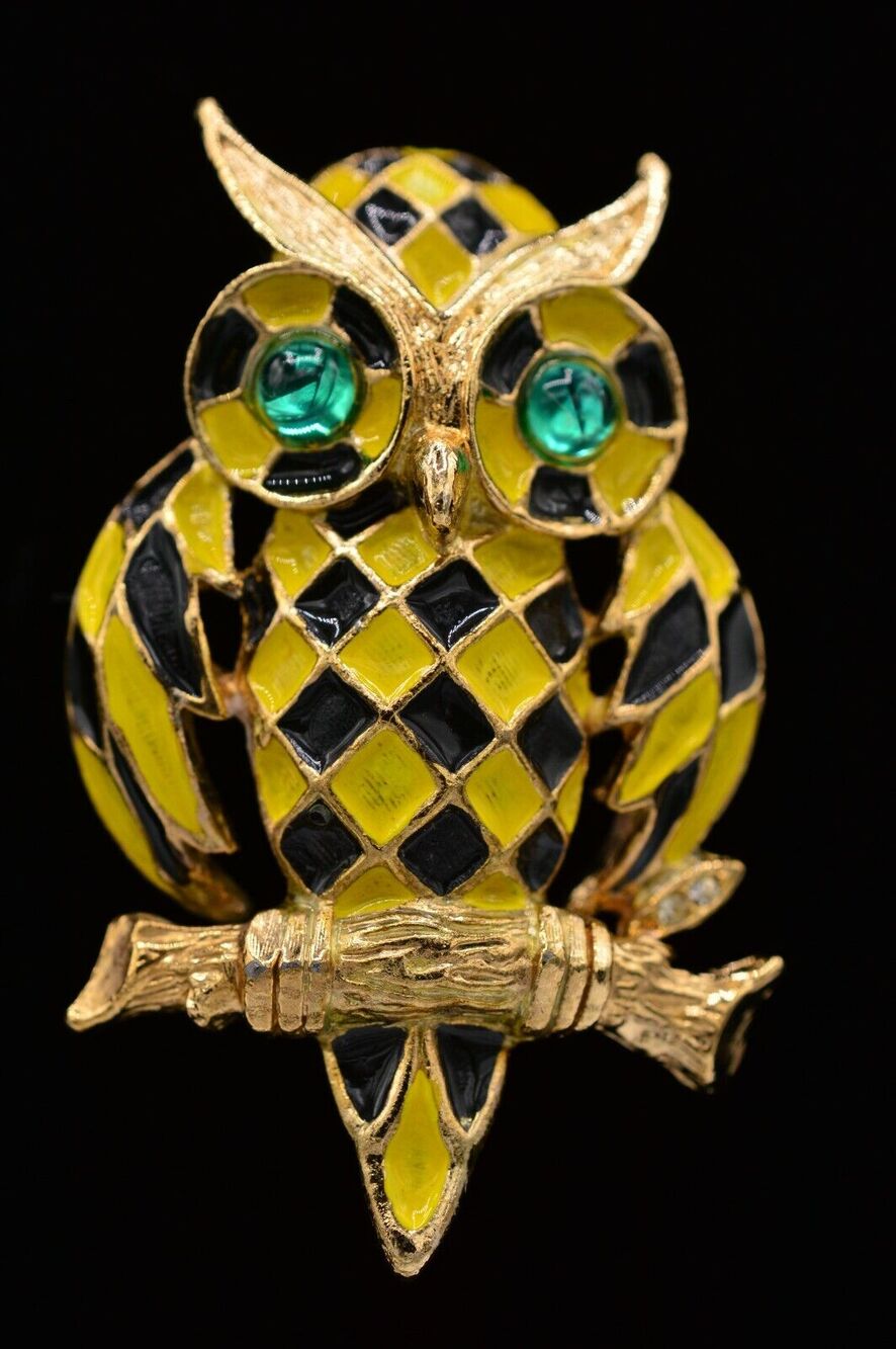 Vintage Cabochon Owl Pin Brooch Gold Yellow Black Enamel Green Jelly 1980s BinJ